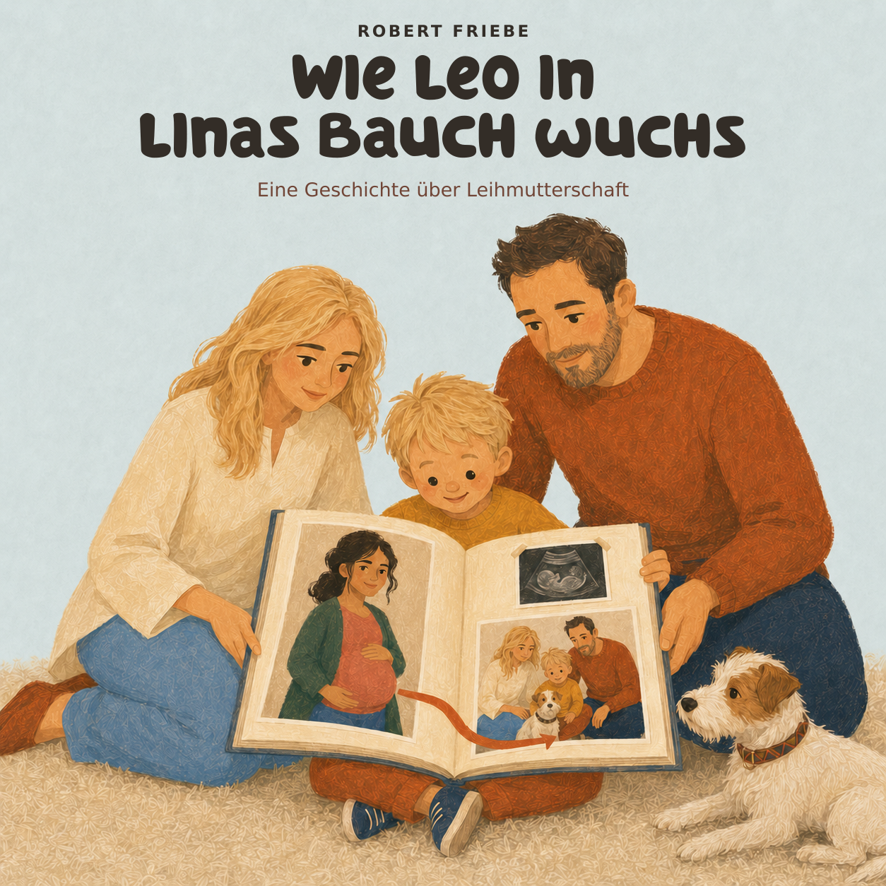 Originalumschlag: Wie Leo in Linas Bauch wuchs von Robert Friebe. Leo schaut mit seinen Eltern und Alaska in das Familienalbum.
